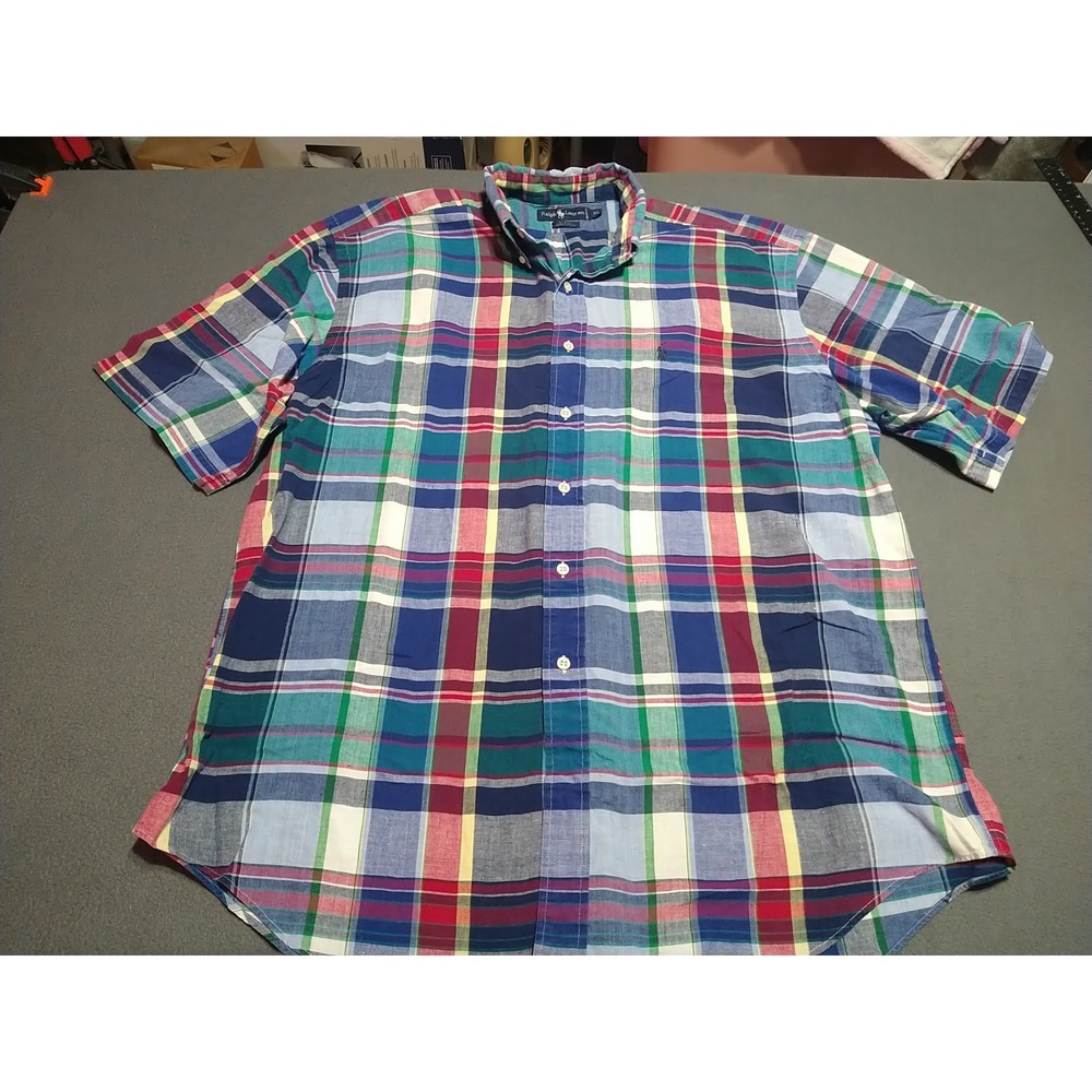 Ralph Lauren Blaire Shirt Men XL Blue Plaid Short Sleeve Button Down Office‎ Dad